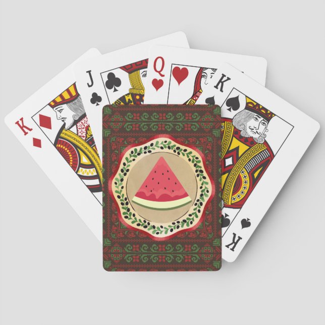 watermelon on olive plate with Palestinian tatreez Playing Cards (Back)