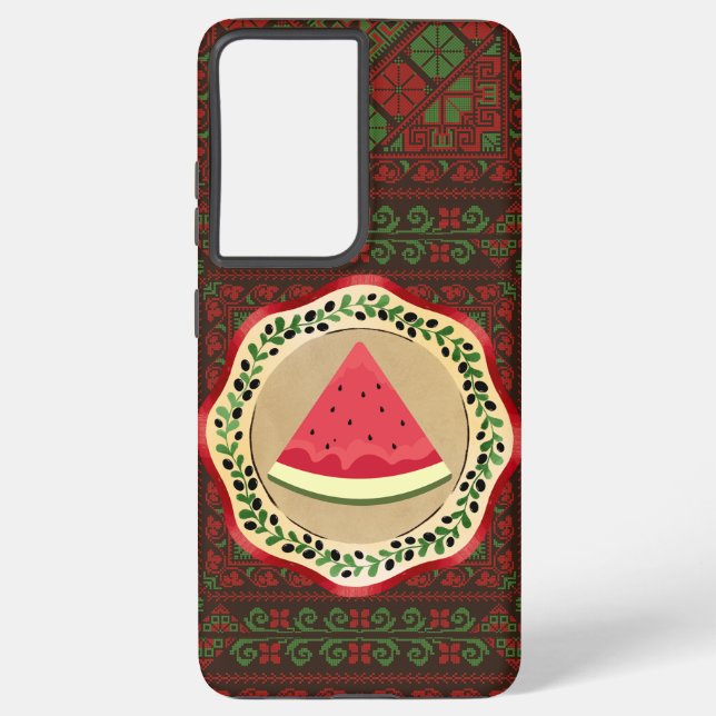 watermelon on olive plate with Palestinian tatreez Samsung Galaxy S21+ Case (Back)