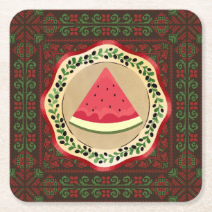 watermelon on olive plate with Palestinian tatreez Square Paper Coaster