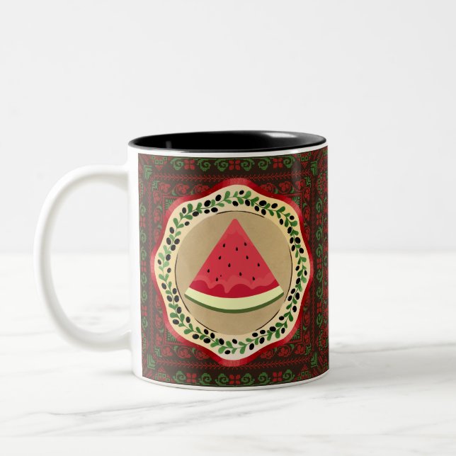 watermelon on olive plate with Palestinian tatreez Two-Tone Coffee Mug (Left)