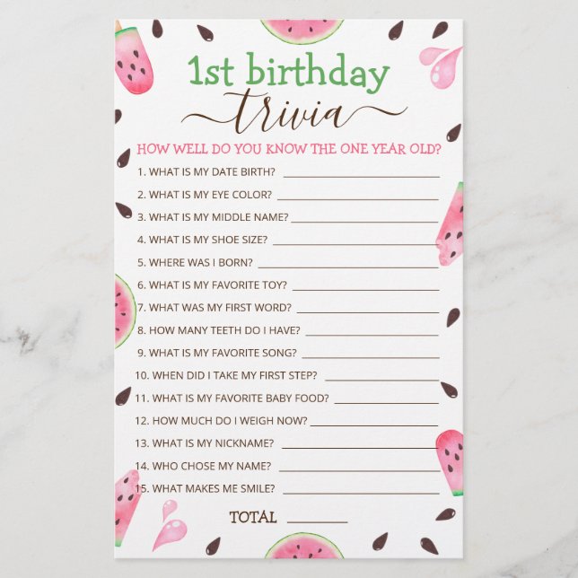 Watermelon One In A Melon 1st Birthday Trivia Game (Front)