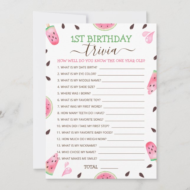 Watermelon One In A Melon 1st Birthday Trivia Game Holiday Card (Front)