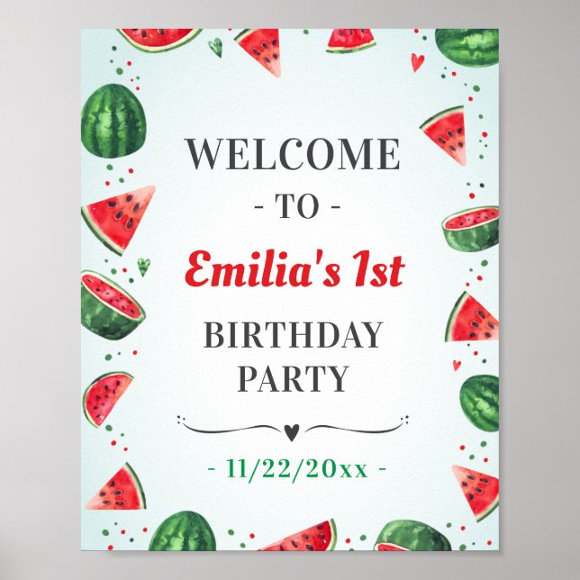 Watermelon One in a Melon Birthday Party Welcome Poster (Front)