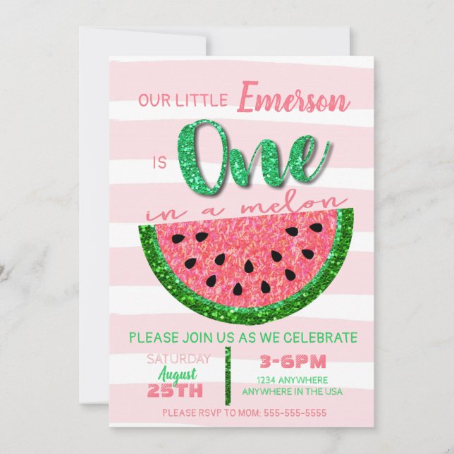 Watermelon, One in a Melon Invitation Glitter (Front)