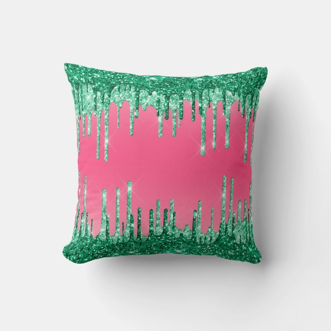 Watermelon Pink and Green Dripping Glitter Shiny Throw Pillow (Front)