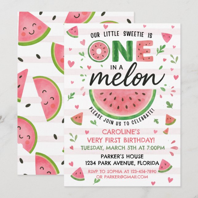  Watermelon Pink Birthday Invitation  (Front/Back)