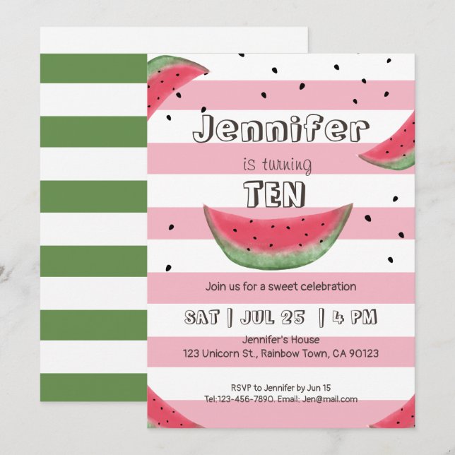 Watermelon pink birthday invitations (Front/Back)