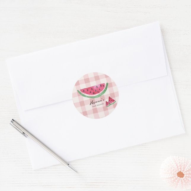 Watermelon Pink Gingham Summer Baby Shower  Classic Round Sticker (Envelope)