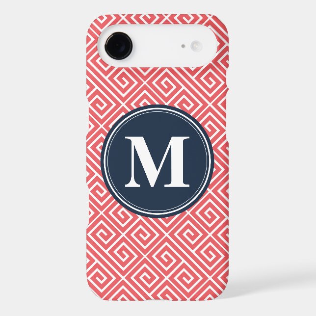 Watermelon Pink Greek Key Pattern Navy Monogram Case-Mate iPhone Case (Back)