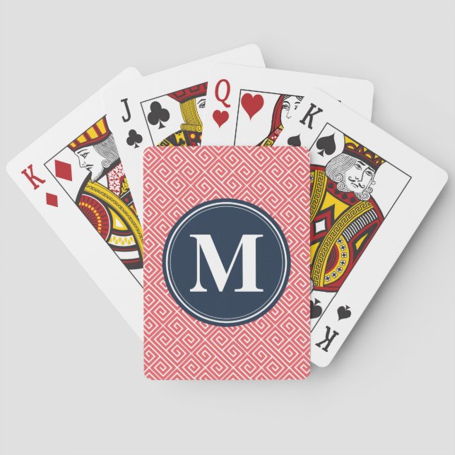 Watermelon Pink Greek Key Pattern Navy Monogram Playing Cards (Back)