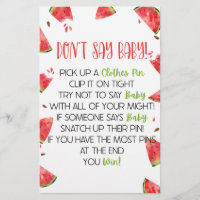 Watermelon Pink Green Don't Say Baby Shower Game