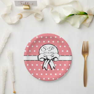 Watermelon Pink White Polka Dots Bow Personalized Paper Plate