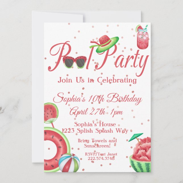 Watermelon Pool Party Birthday, Invitation (Front)
