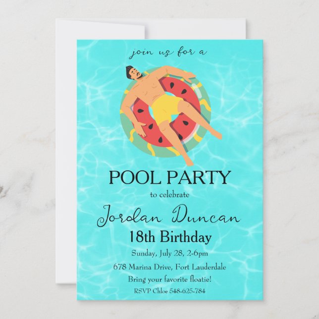 watermelon pool party birthday invitations (Front)