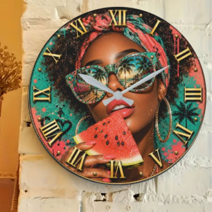 Watermelon Pop Luxury Fashion Tropical Woman  Large Clock
