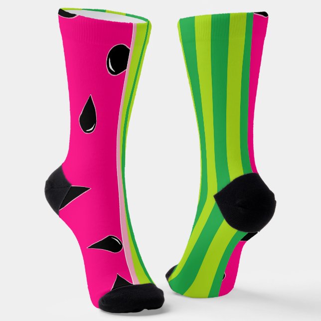 Watermelon Print Crew Socks Pink Green Black  (Angled)