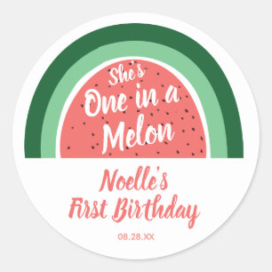 Watermelon Rainbow, She's One in a Melon 1st Bday Classic Round Sticker
