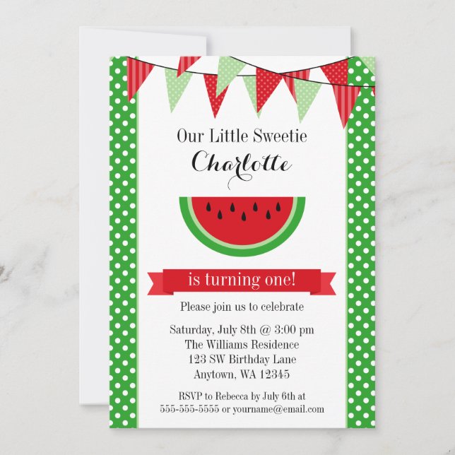 Watermelon Red Green Bunting Birthday Party Invitation (Front)