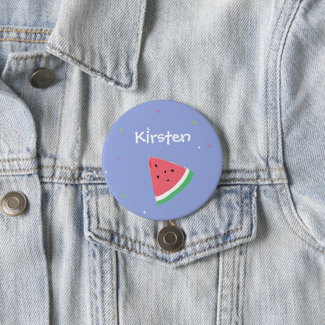 Watermelon slice custom name blue 3 inch round button (In Situ)