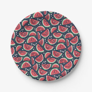 Watermelon Slice Pattern on Blue Picnic Paper Plate