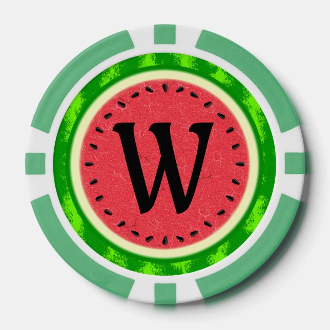 Watermelon Slice Summer Fruit with Rind Monogram Poker Chips (Front)