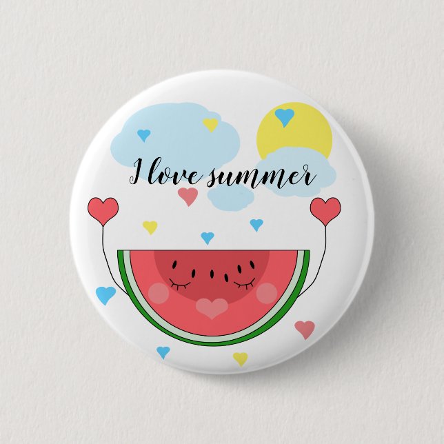 Watermelon slice, text, "I love summer", 2 Inch Round Button (Front)