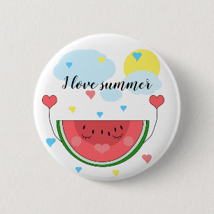 Watermelon slice, text, "I love summer", 2 Inch Round Button