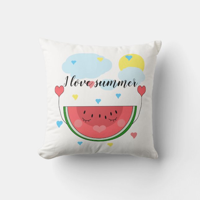 Watermelon slice, text, "I love summer", Throw Pillow (Front)