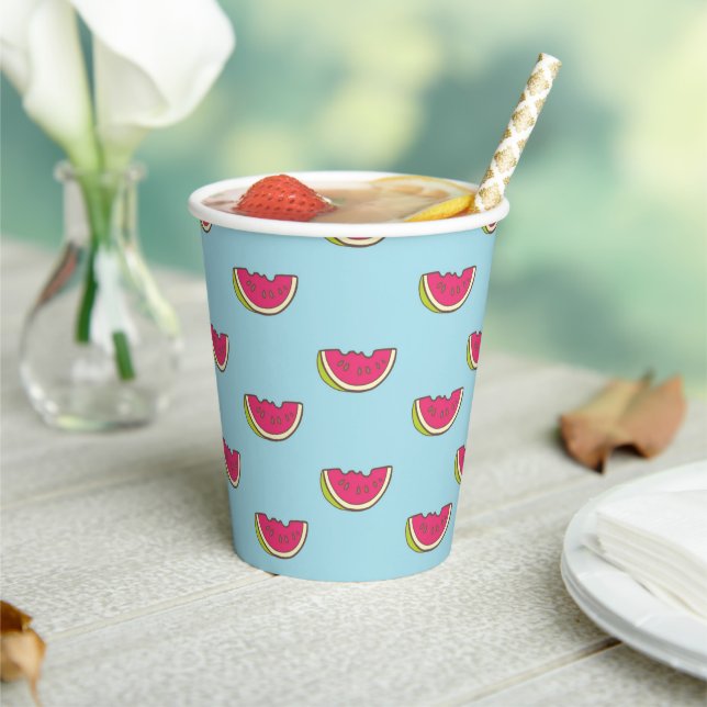 Watermelon Slices on Teal Pattern Paper Cups (Insitu)