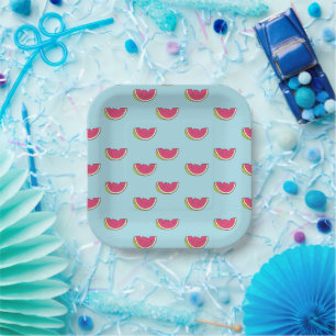 Watermelon Slices on Teal Pattern Paper Plate