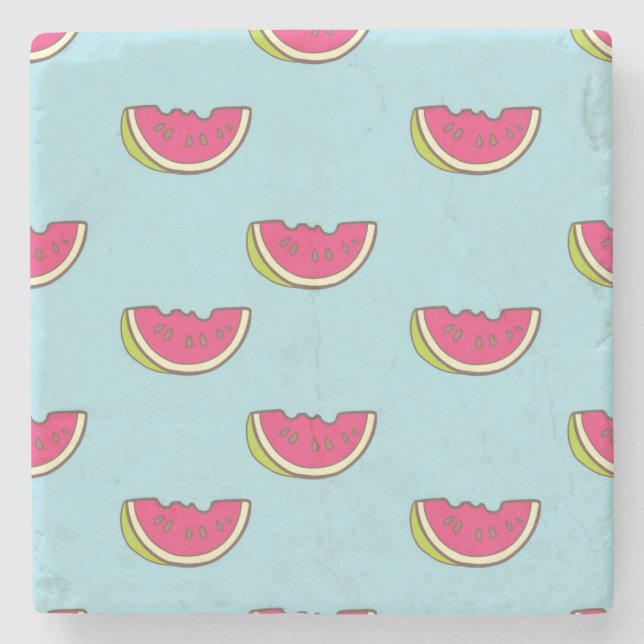 Watermelon Slices on Teal Pattern Stone Coaster (Front)