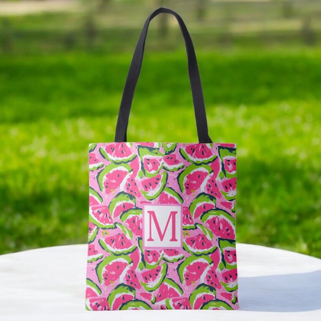 Watermelon Slices Pattern Monogram Pink Tote Bag (Creator Uploaded)