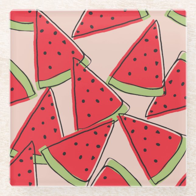 Watermelon Slices Pink Background Pattern Glass Coaster (Front)