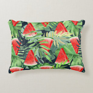 Watermelon slices with tropical leaves accent pillow