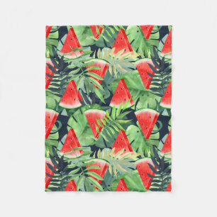 Watermelon slices with tropical leaves fleece blanket