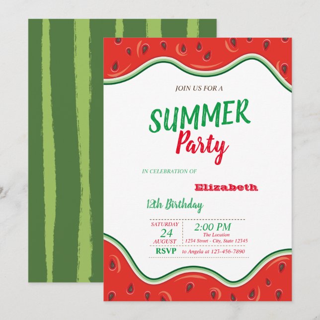 Watermelon, Summer  Birthday Party Invitation (Front/Back)
