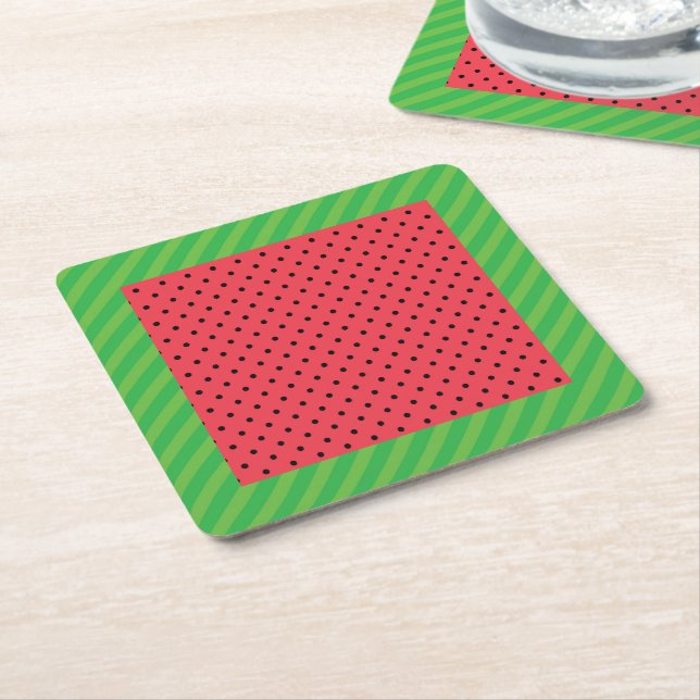 Watermelon summer fruit green, pink/black food  square paper coaster (Angled)