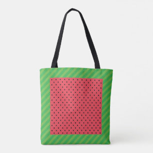 Watermelon summer fruit green, pink/black polka tote bag