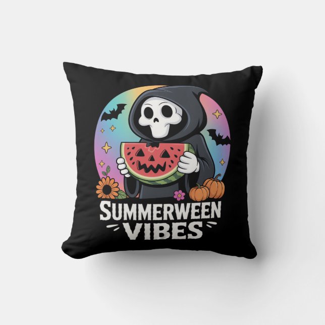 Watermelon Summerween Skeleton Vibes Throw Pillow (Front)