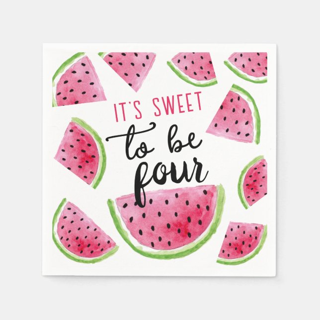 Watermelon Sweet to Be Four Birthday Party Napkin (Front)