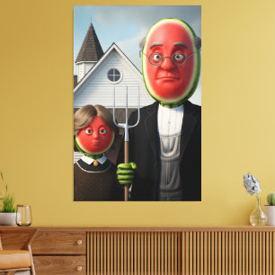 Watermelon Themed American Gothic Parody Canvas Print