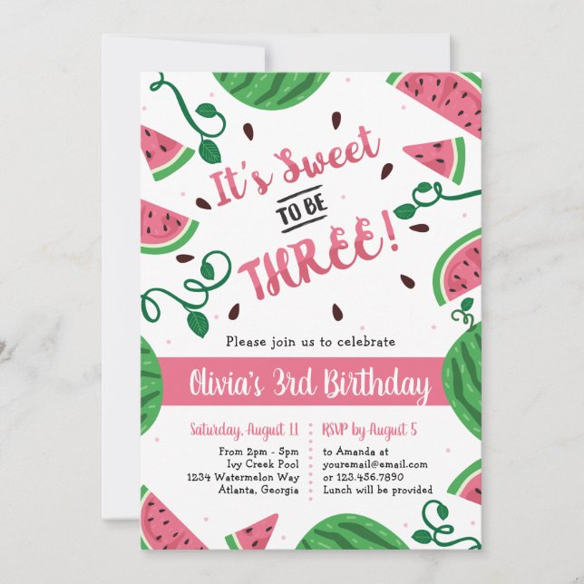 Watermelon Third Birthday Party Invitation (Front)