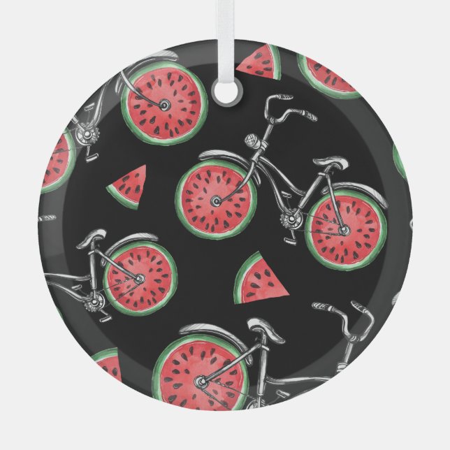 Watermelon wheel bicycles, summer pattern. glass ornament (Front)