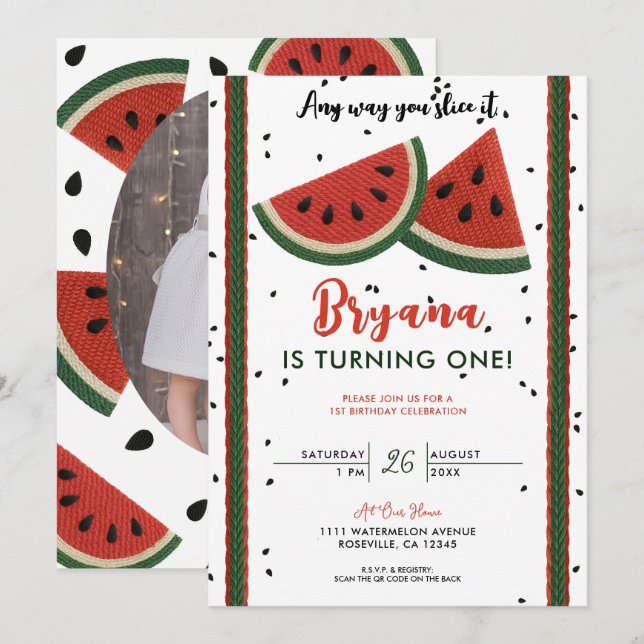 Watermelon Yarn Any Way You Slice it 1st Birthday Invitation (Front/Back)