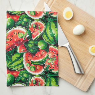 Watermelons, lime, watermelon leaves, small lime f kitchen towel