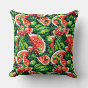 Watermelons, lime, watermelon leaves, small lime f throw pillow