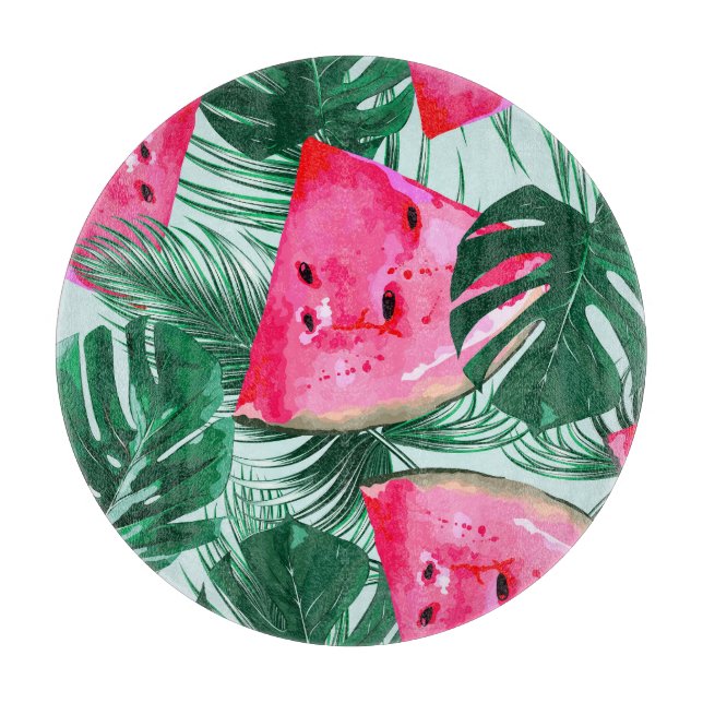 Watermelons, palm leaves: tropical seamless patter cutting board (Front)