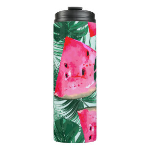 Watermelons, palm leaves: tropical seamless patter thermal tumbler