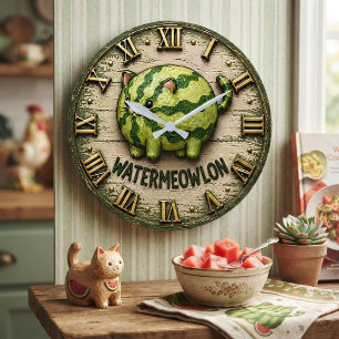 Watermeowlon Funny Cat Watermelon Cute Pun Cat Art Large Clock