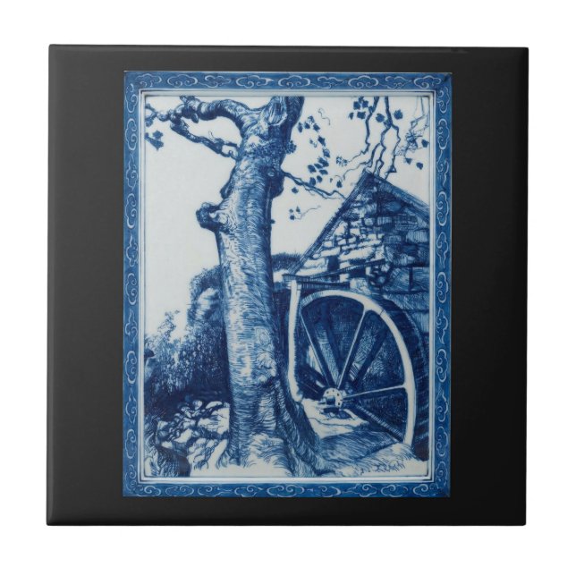 Watermill, Cornwall Cobalt Blue Ceramic Art Tile (Front)